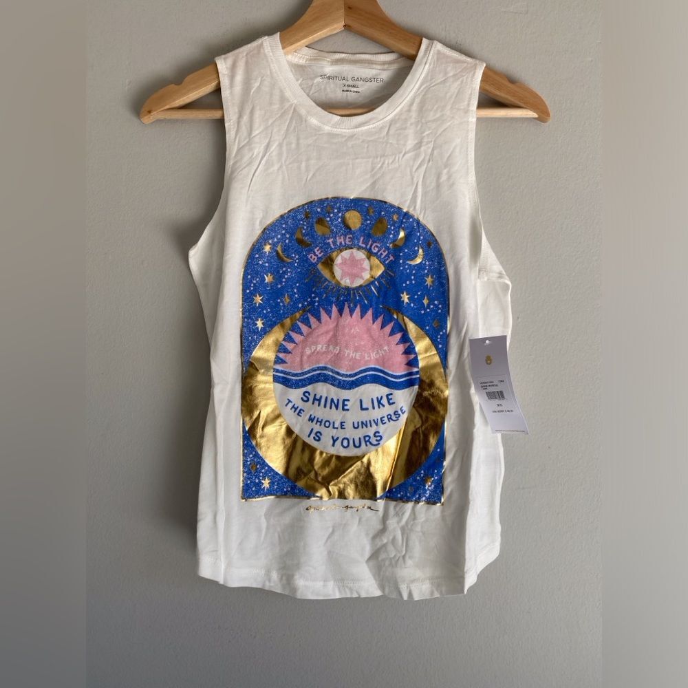 NWT Rare Spiritual Gangster muscle tank Xs White Tank With Metallic Print